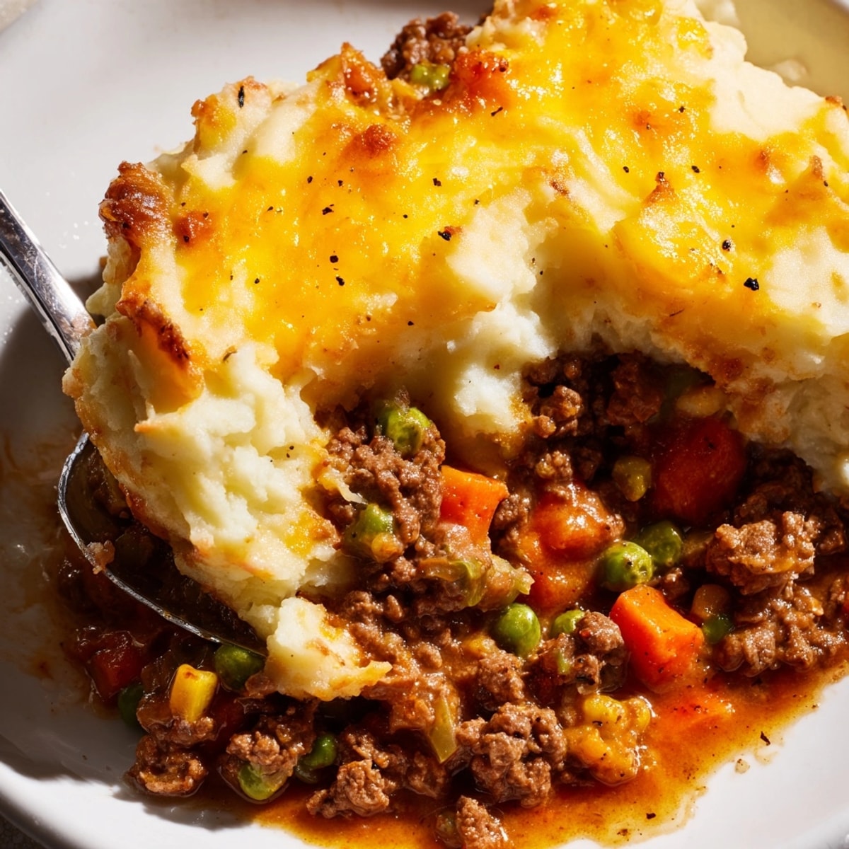 Golden brown Warm Rustic Shepherds Pie, bubbling with savory lamb, visible peas.