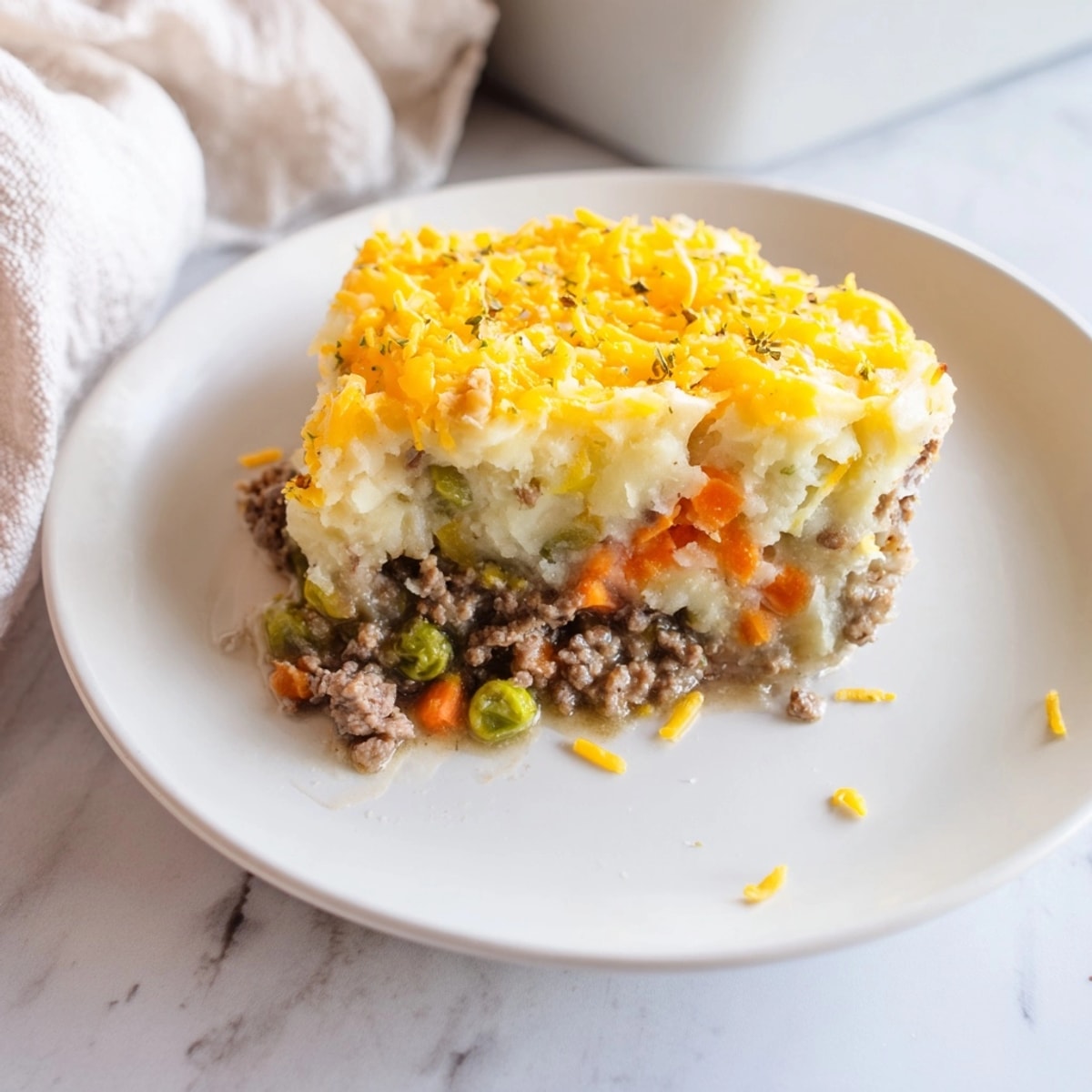 Served piping-hot, Warm Rustic Shepherds Pie with a scoop of mashed potatoes on top.