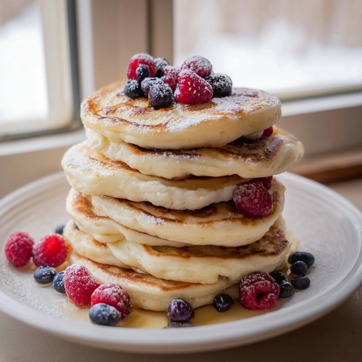 Golden, fluffy ricotta pancakes topped with fresh berries and drizzled with sweet maple syrup.