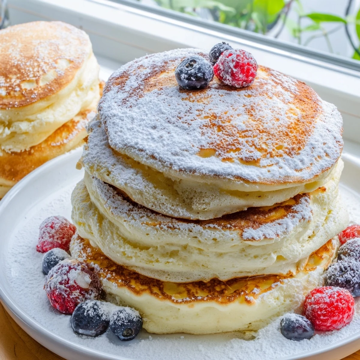A stack of light and airy ricotta pancakes ready to be devoured at a weekend brunch.