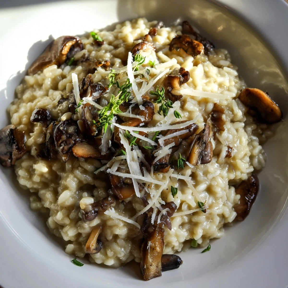 A close-up of Cedar-Warm Mushroom and Thyme Risotto showcasing the creamy texture and earthy mushroom.