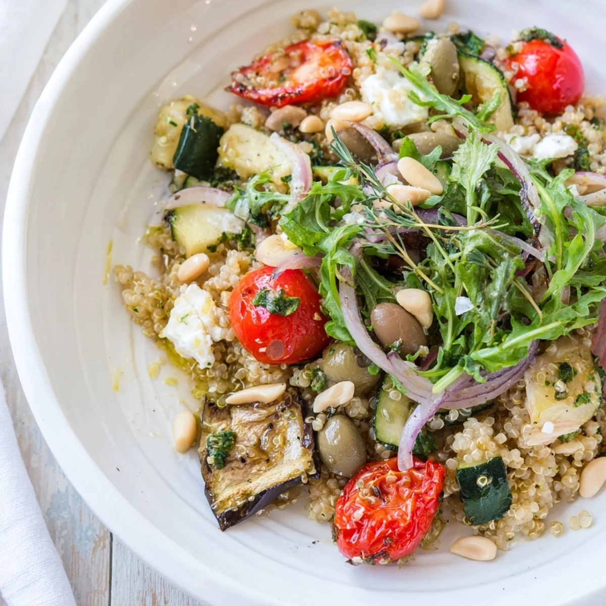 Mediterranean Grain Bowl with vibrant colors and toppings, perfect for a healthy lunch.