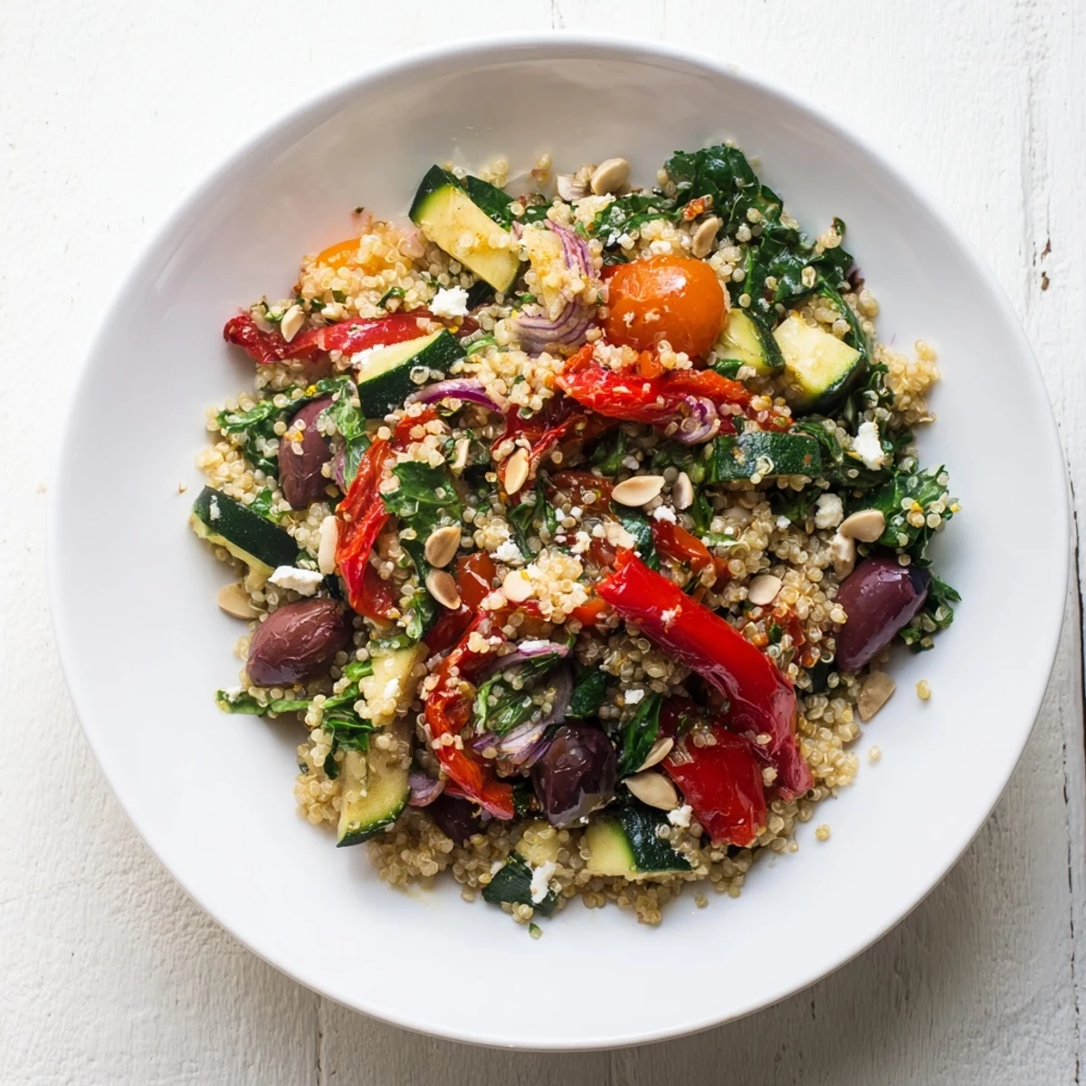 Freshly made Mediterranean Grain Bowl featuring fluffy quinoa, vegetables and crumbled feta cheese.