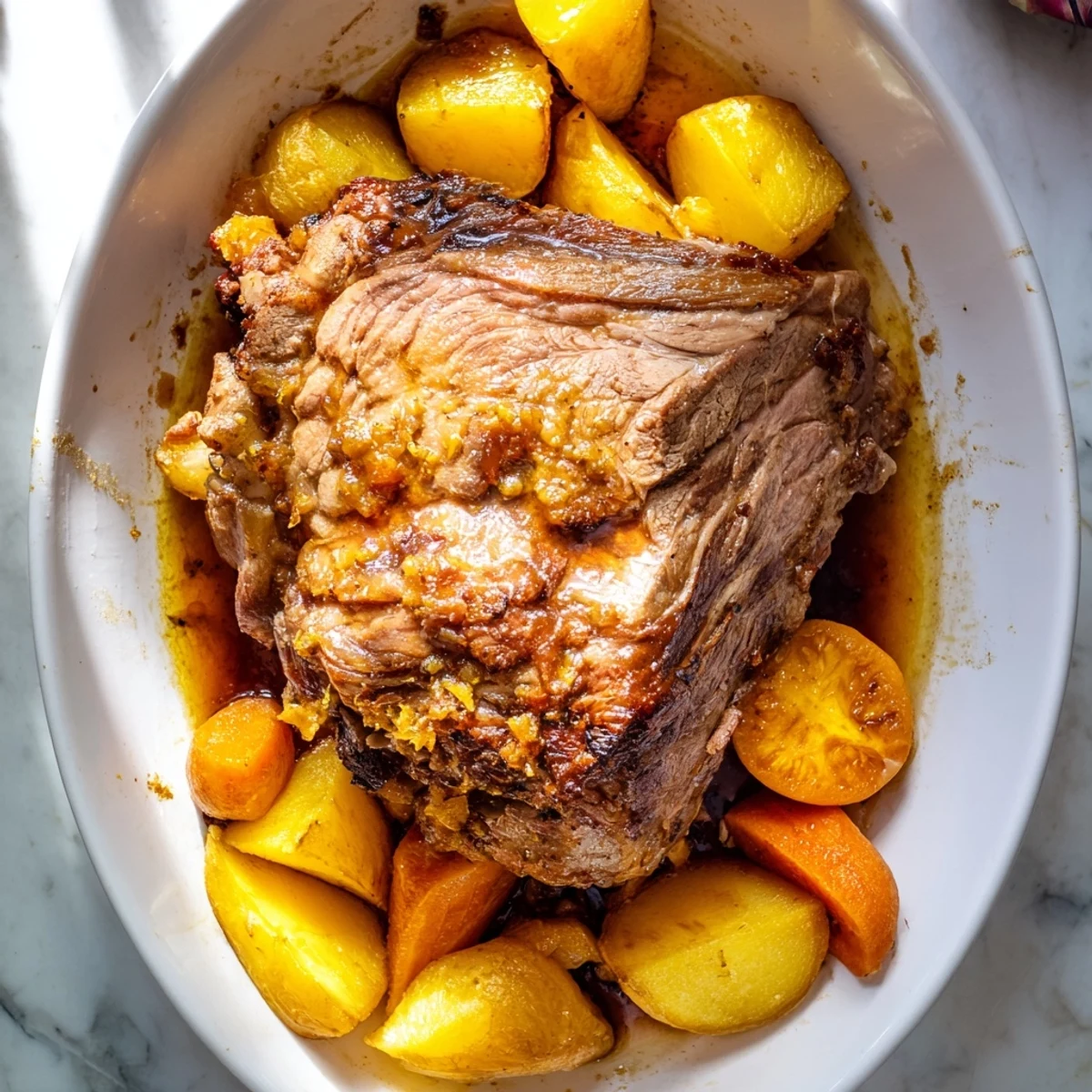 Tender Everyday Family Favorite Pot Roast, shown with rich root vegetables and savory, dark gravy.