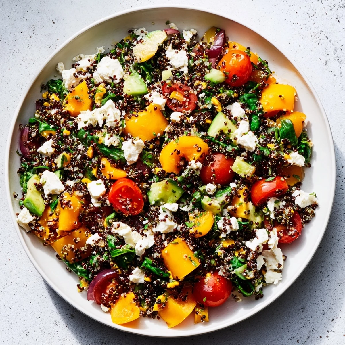 Poppy-Bright Quinoa and Black Bean Salad: colorful medley of quinoa, beans, tomatoes, and poppy seed dressing, ready to eat.