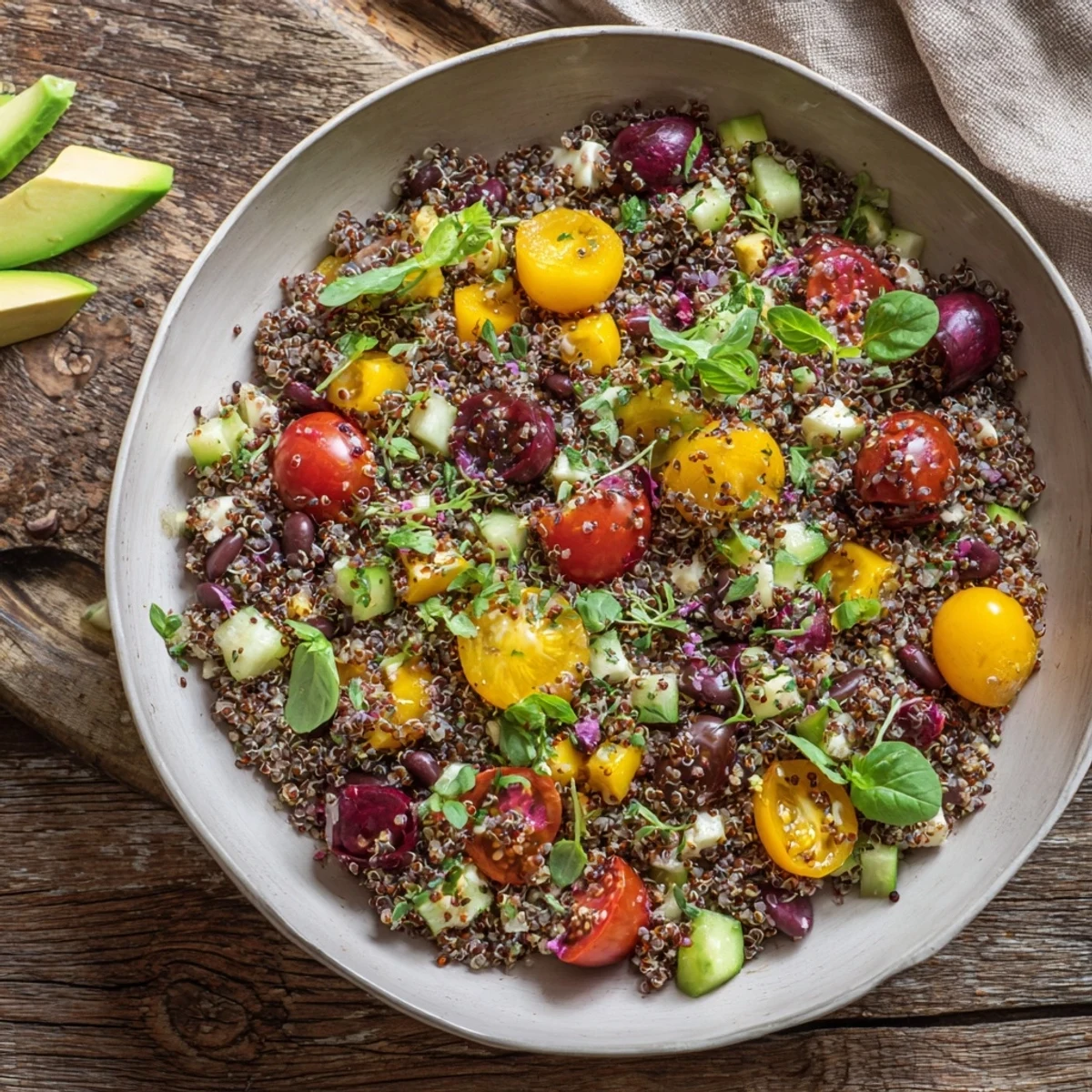 Vivid image of a healthy Poppy-Bright Quinoa and Black Bean Salad, perfect for a light, refreshing meal.