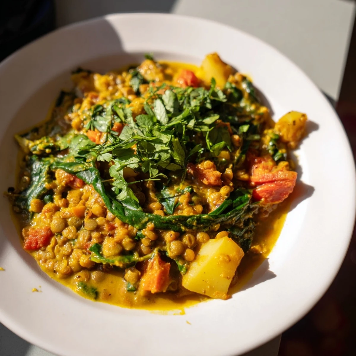 Steaming bowl of Lentil and Spinach Curry, a vibrant vegan main dish, ready to eat.