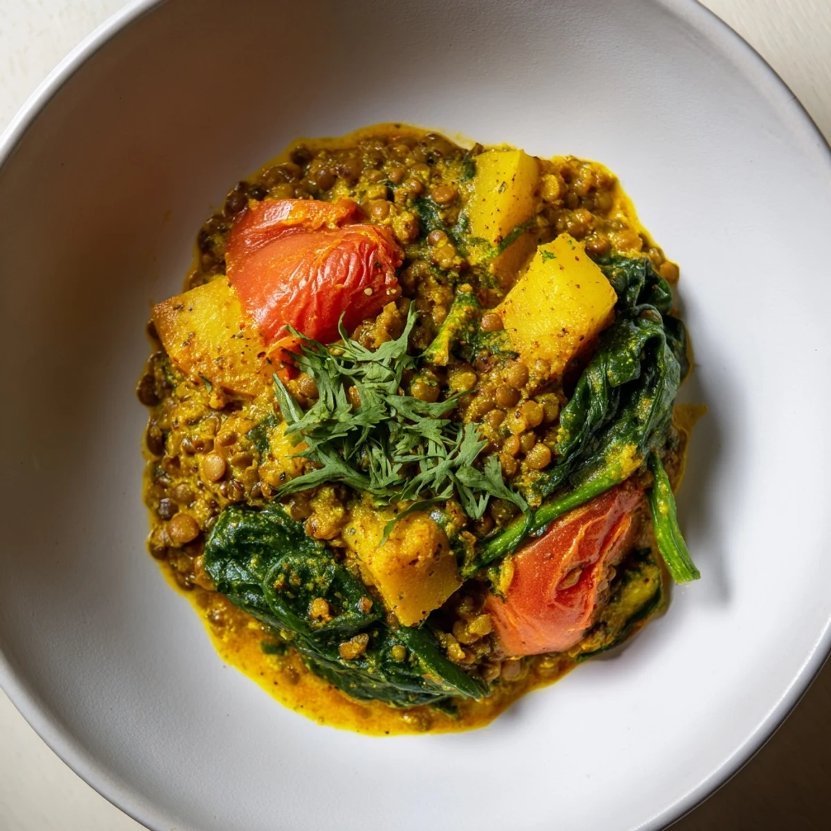 Close-up of a flavorful Lentil and Spinach Curry with fresh cilantro garnish, warm spices.