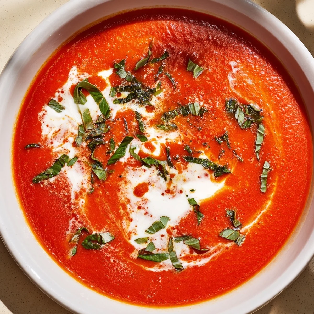 Whisked Weeknight Creamy Tomato and Basil Soup, swirled with cream, ready to warm you up.