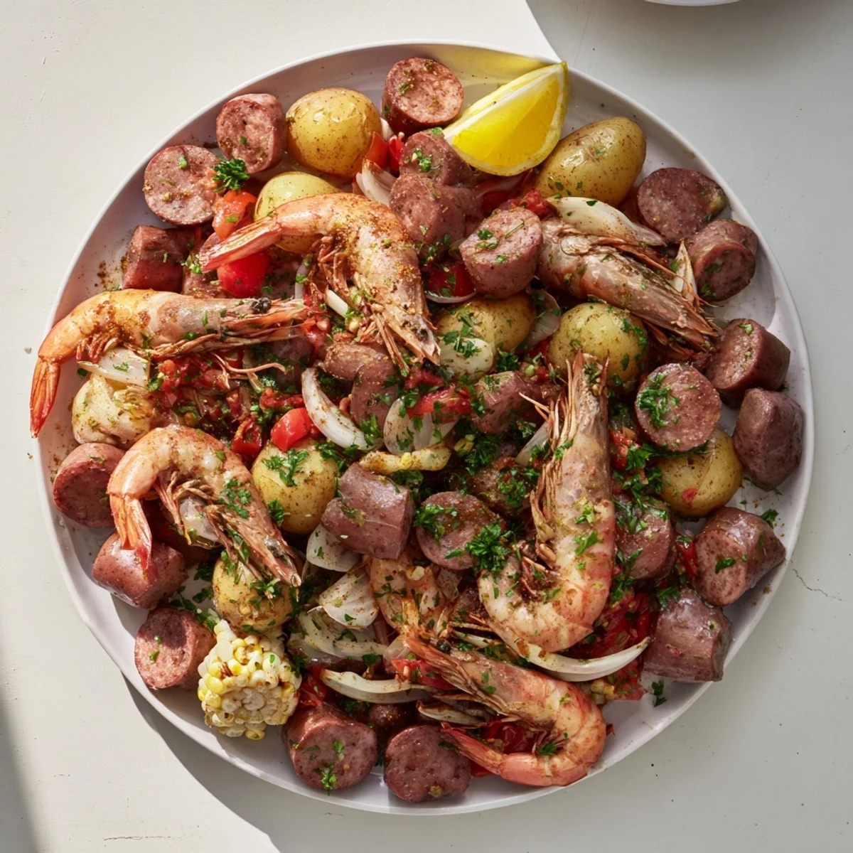 Steaming Seaside-Inspired Shrimp Boil in a single pot, bursting with juicy shrimp and corn.