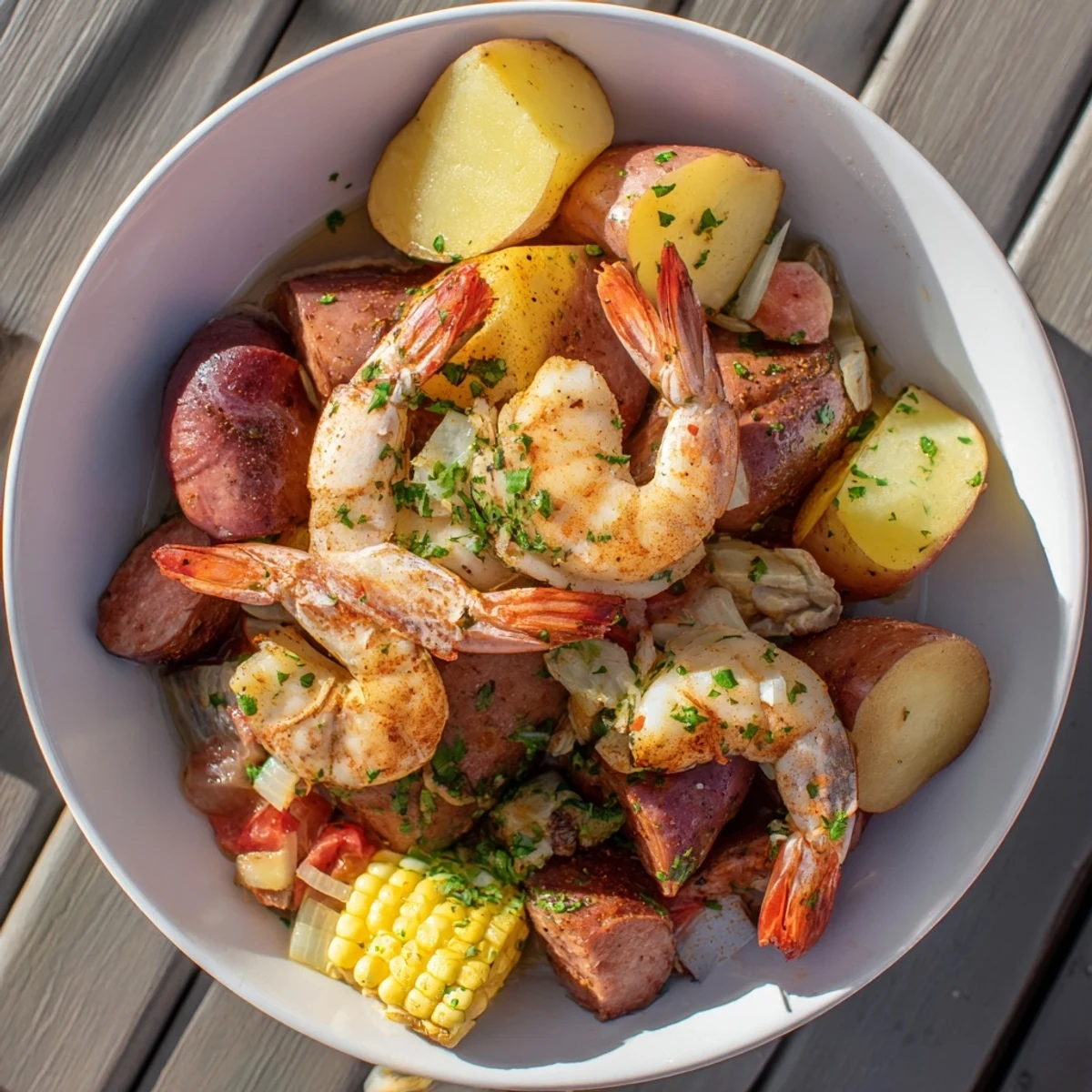 Freshly plated Seaside-Inspired Shrimp Boil, with plump shrimp and a buttery, spiced flavor.