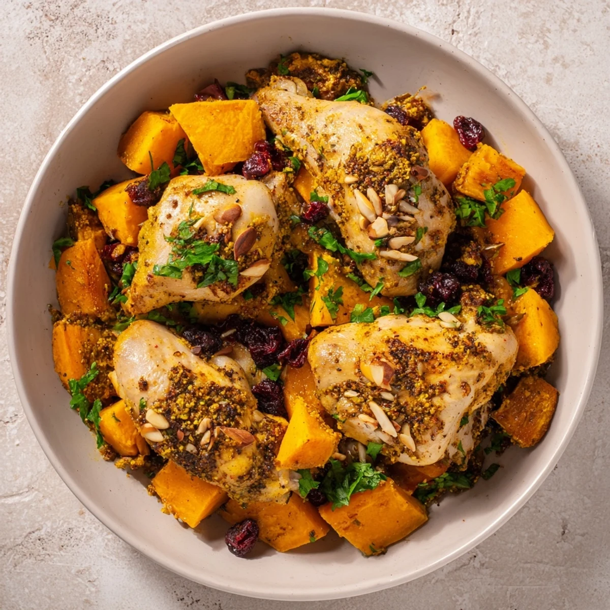 Soft Spice Slow-Cooker Chicken and Sweet Potato Tagine with tender chicken and bright, orange sweet potatoes.