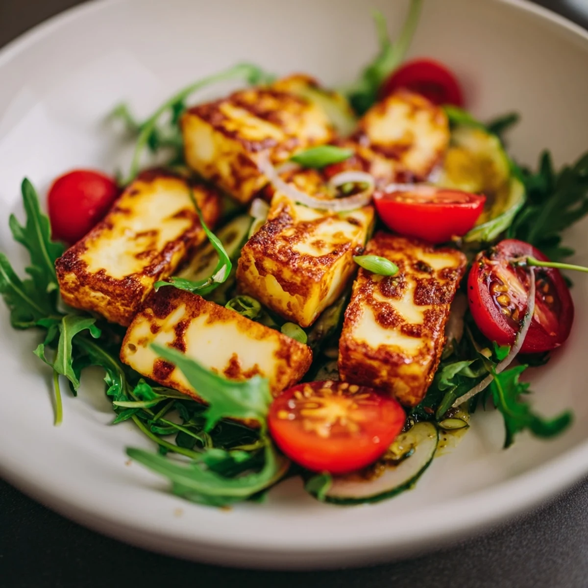 Golden grilled halloumi and pesto plate, a Mediterranean delight with colorful vegetables and fresh pesto.