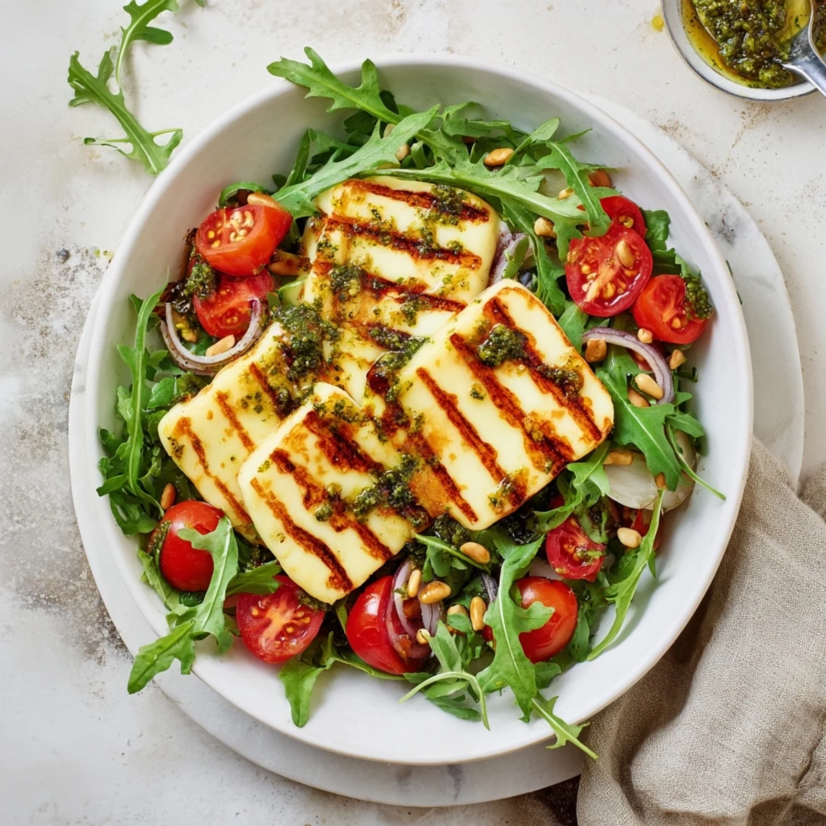 Savory grilled halloumi atop vibrant greens and tomatoes, drizzled with fragrant basil pesto for a meal.