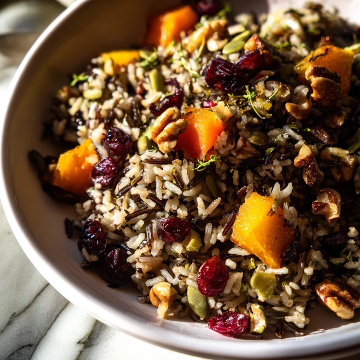 Close-up of Light Forest-Inspired Wild Rice and Cranberry Salad, displaying the vibrant cranberry color.