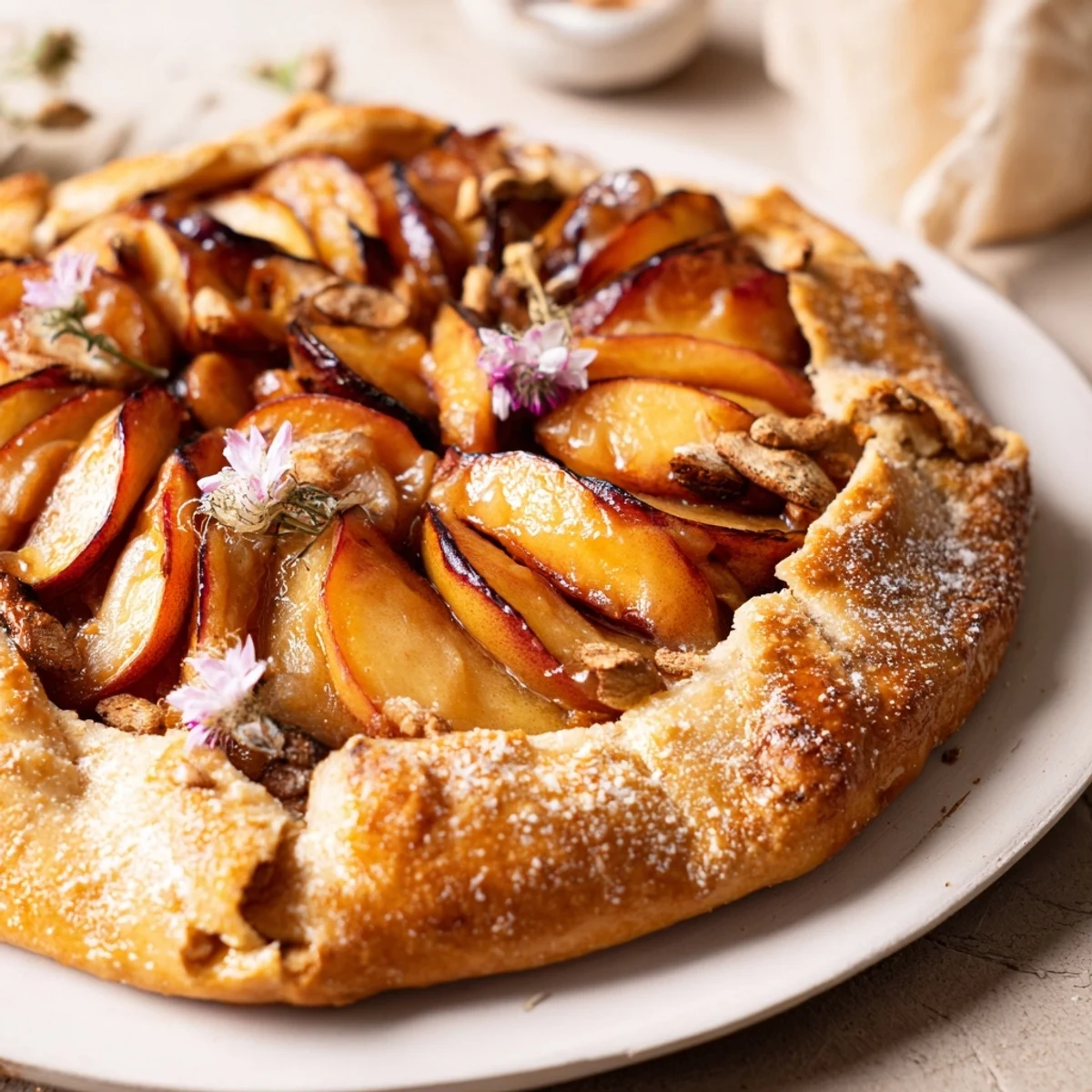 A close-up of a rustic Honey and Plum Galette, ready for slicing and enjoying on a platter.