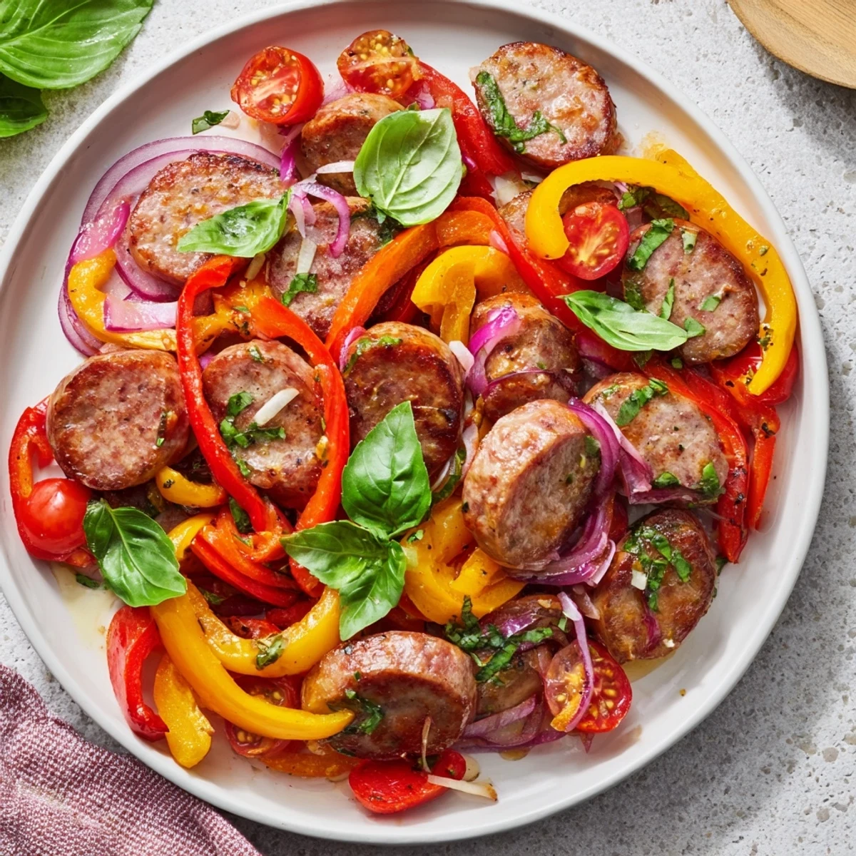Golden-brown sausage and vibrant vegetables mingle in this delicious Basil-Boosted Sausage and Pepper Skillet Supper with fresh basil.
