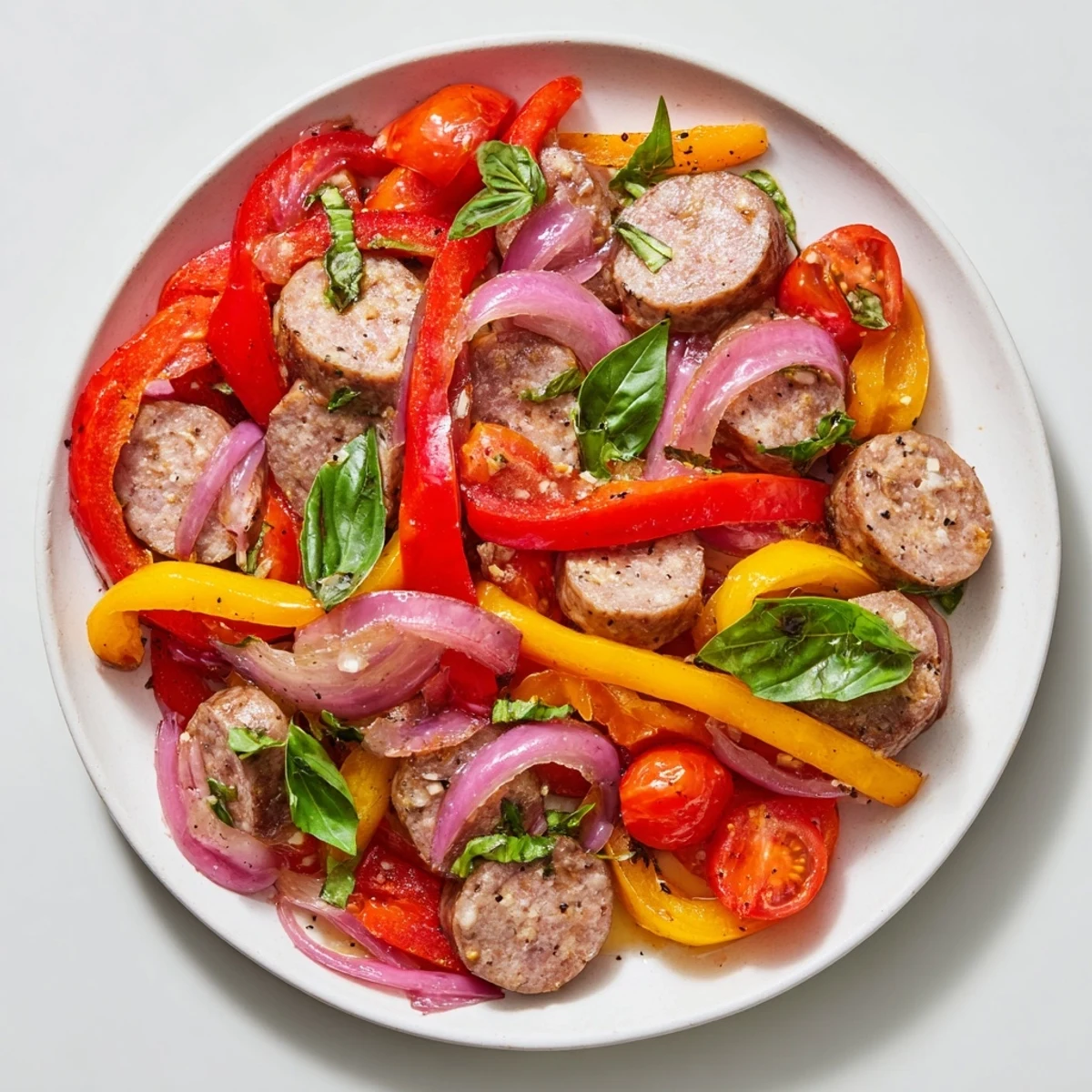 Sizzling Basil-Boosted Sausage and Pepper Skillet Supper, with colorful peppers and browned sausage ready to eat.