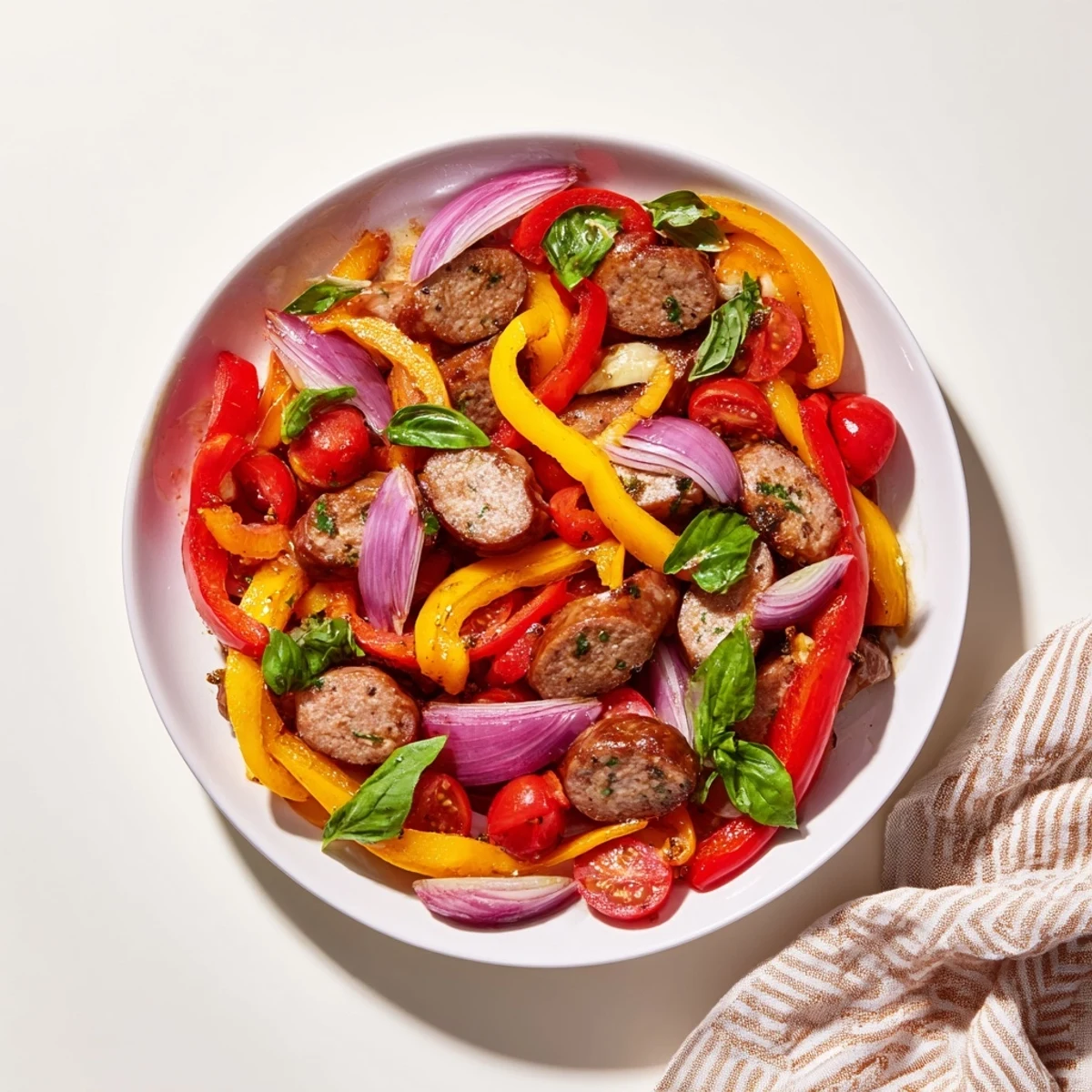 A steaming skillet of Basil-Boosted Sausage and Pepper Skillet Supper, perfect for a flavorful weeknight meal with parmesan.