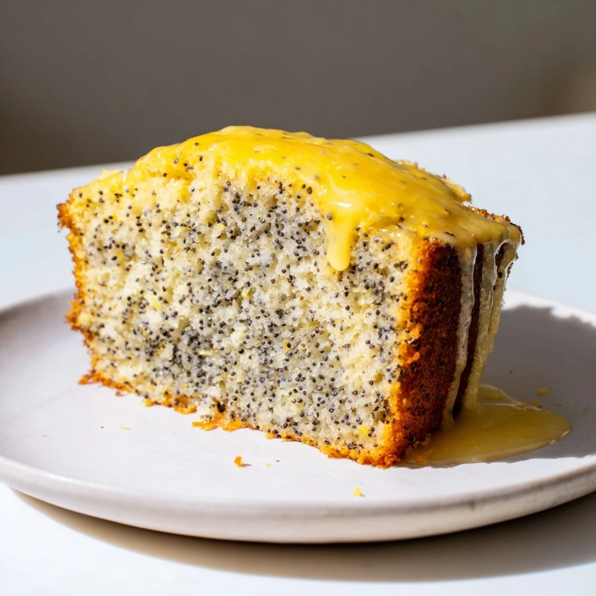Close-up of a beautifully glazed Glazed Lemon Poppy Seed Cake, showcasing its tender crumb and poppy seeds.