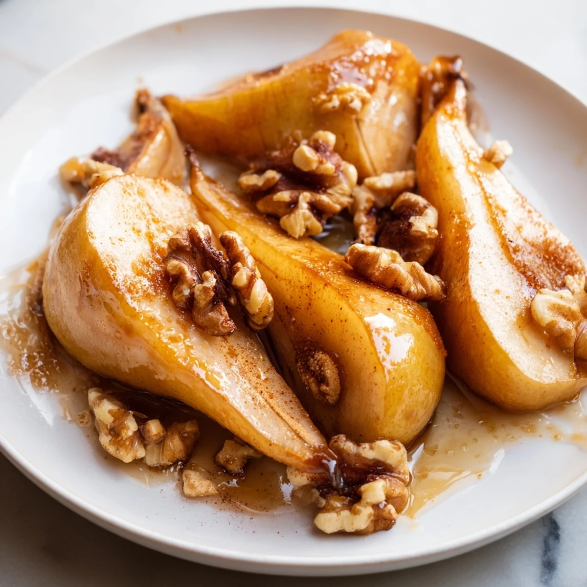 Golden-brown Maple-Warm Cozy Plate: Caramelized Pear and Walnut Bake, a comforting dessert with a hint of spice.