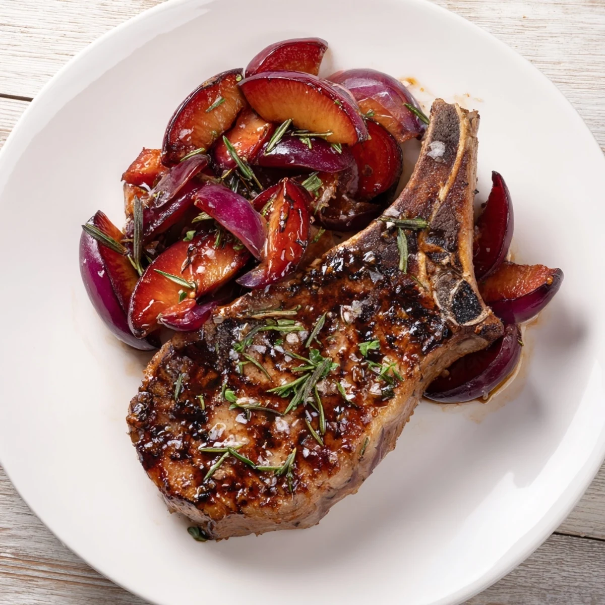 Plum-soft pork chops glistening with balsamic glaze and tender plums, a comforting autumn dinner.