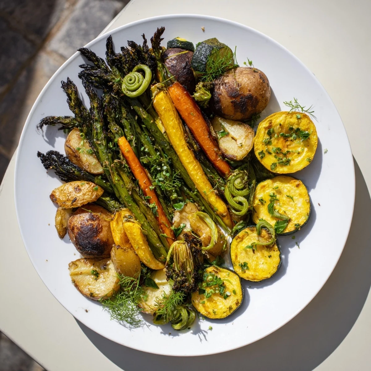 Vibrant Light Herb & Fern-Inspired Roasted Vegetable Platter, colorful garden vegetables, herbs and tender fiddleheads.