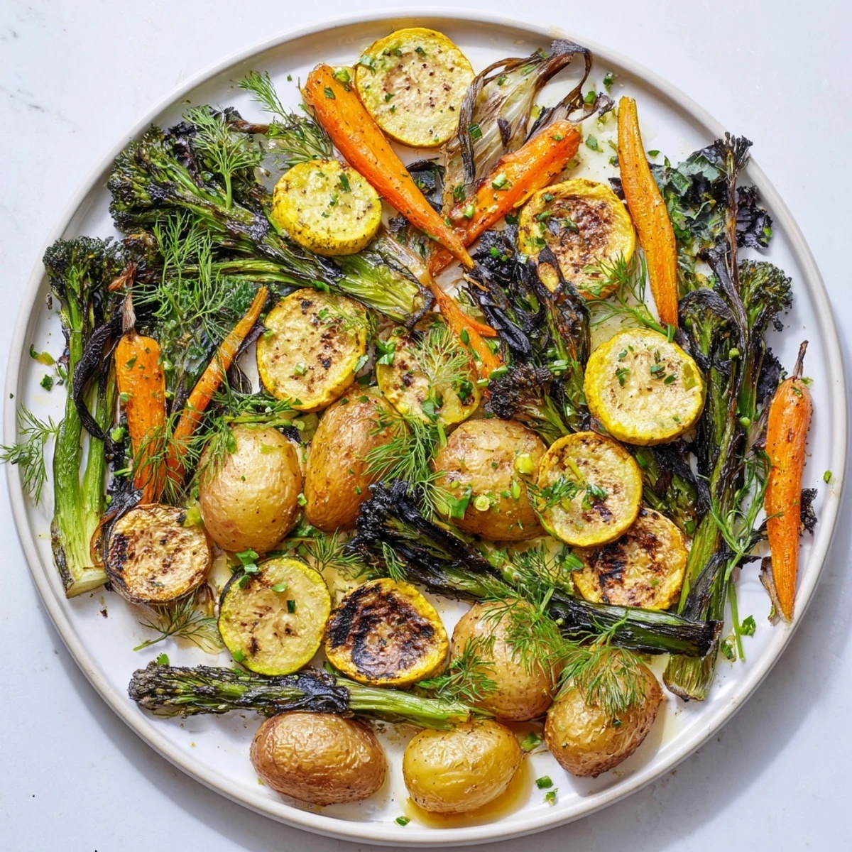 Golden-roasted Light Herb & Fern-Inspired Roasted Vegetable Platter, bursting with fresh garden flavors, ready to enjoy.