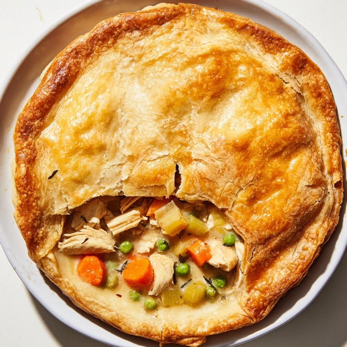 Golden-crusted Laurel & Herb Chicken Pot Pie, steam rising from tender chicken and vegetables inside.