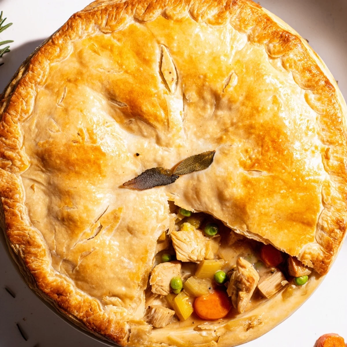 A bubbling pot of Laurel & Herb Chicken Pot Pie, presented in a flaky, perfectly crimped crust.
