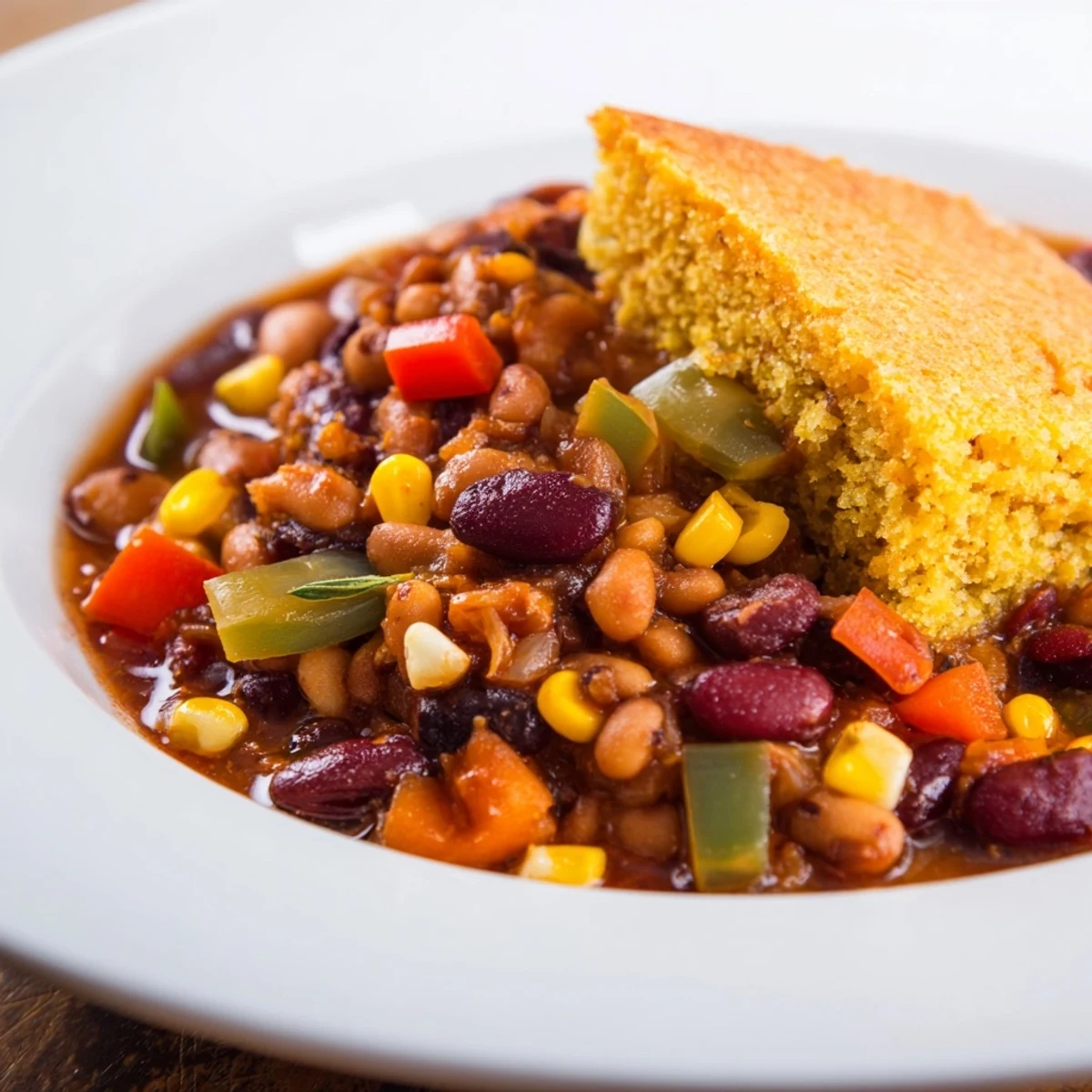 A close-up of a warm, steamy bowl of Rustic Wheat-Warm Chili with golden cornbread topping.