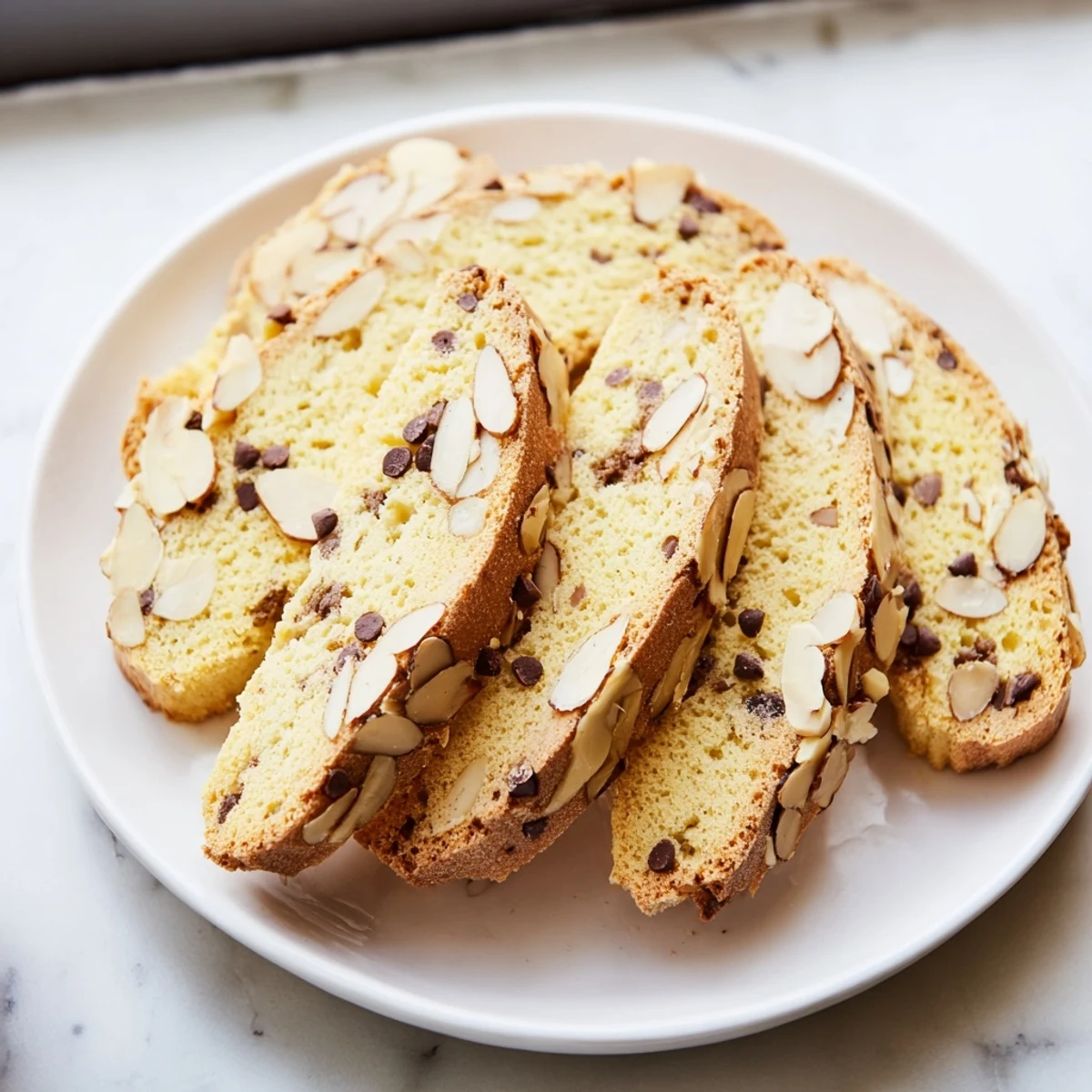 Soft sweet almond biscotti, delicately sliced and ready to dunk into a hot cup of coffee.