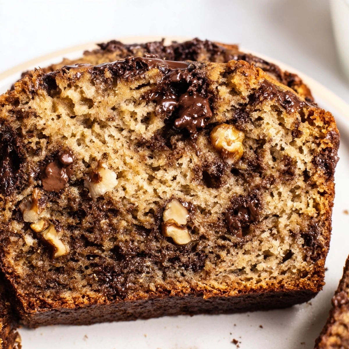 A slice of warm Chocolate Chip Banana Bread, studded with melty chocolate and ready to eat.