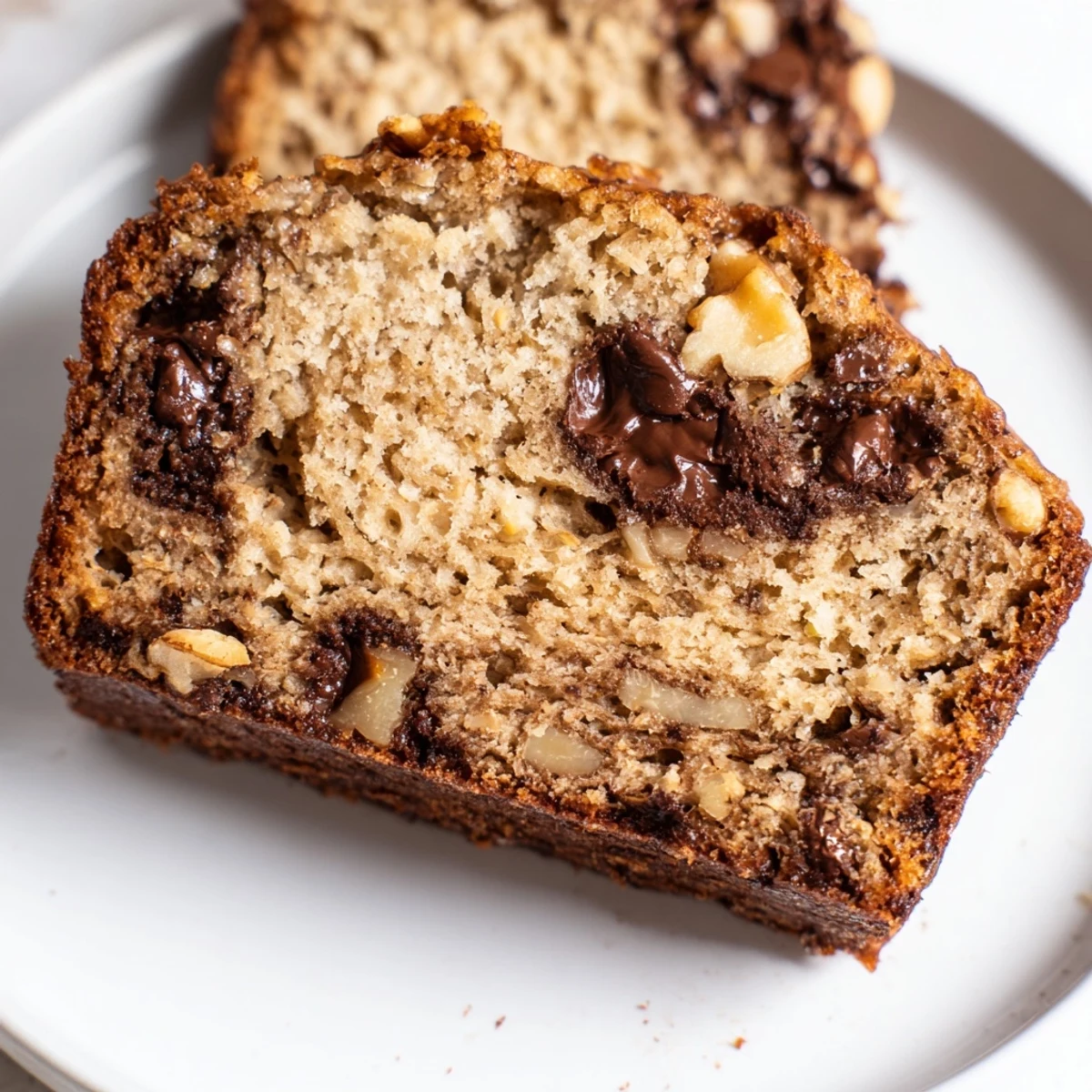 Close-up of freshly baked Chocolate Chip Banana Bread, with a tender crumb and perfect crust.