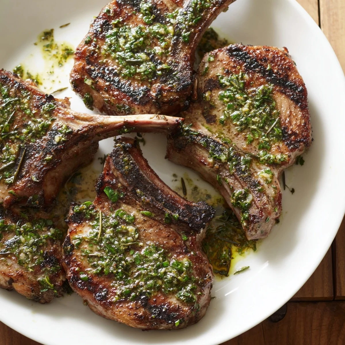 Plate of tender, perfectly seared lamb chops, topped with mint sauce; this simple dinner is full of flavor.