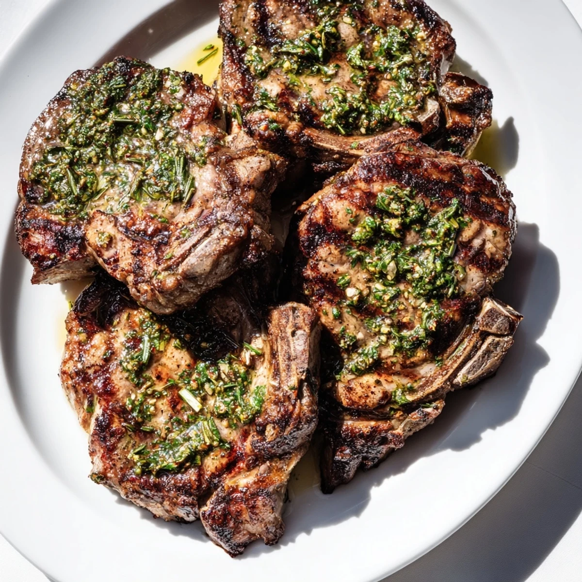 Close-up of golden-brown rustic mint weeknight pan-seared lamb chops, dripping with fresh mint sauce.