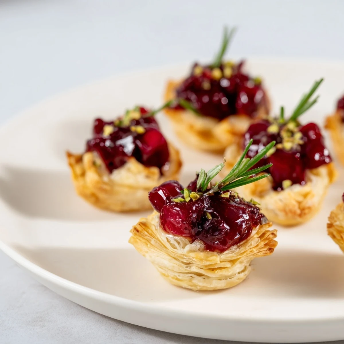 A beautiful overhead shot shows the festive Mini Cranberry Brie Tart Wreath, perfect for holiday parties and easy to enjoy.