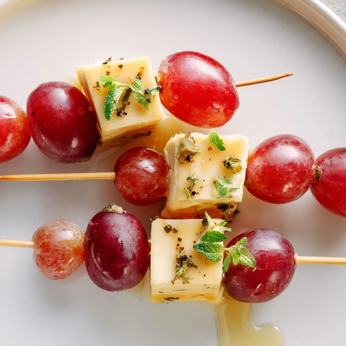 Vibrant skewers of sparkling grape and cheese, drizzled honey, offer a delightful bite for any celebration!