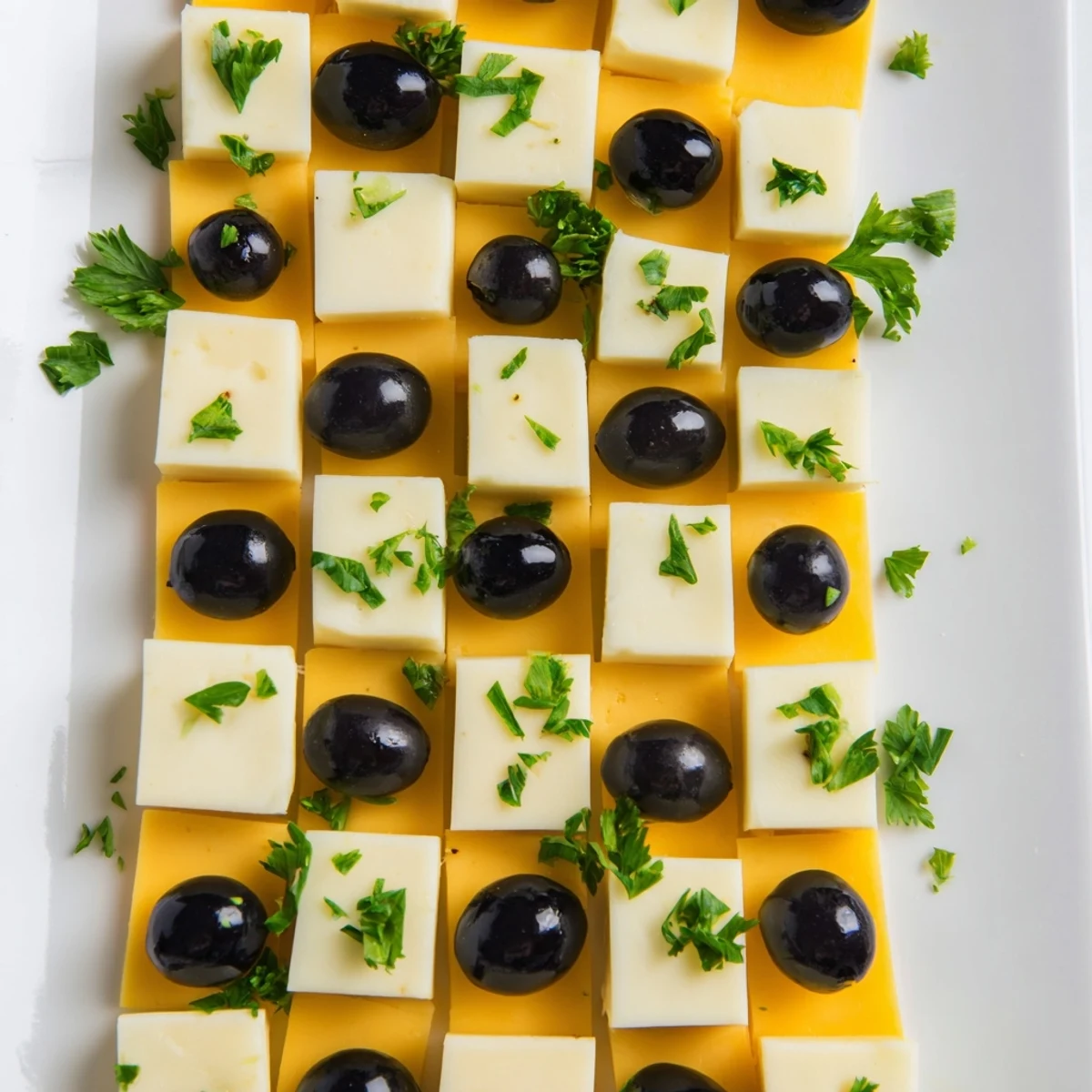 A beautiful Cheese and Olive Chess Board: a savory appetizer with squares of cheese and olives.