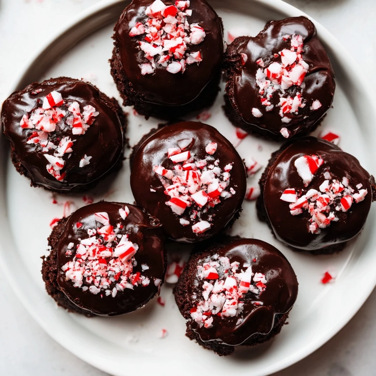 Fudgy Peppermint Mocha Brownie Bites, glistening with chocolate glaze and peppermint candy sprinkles.
