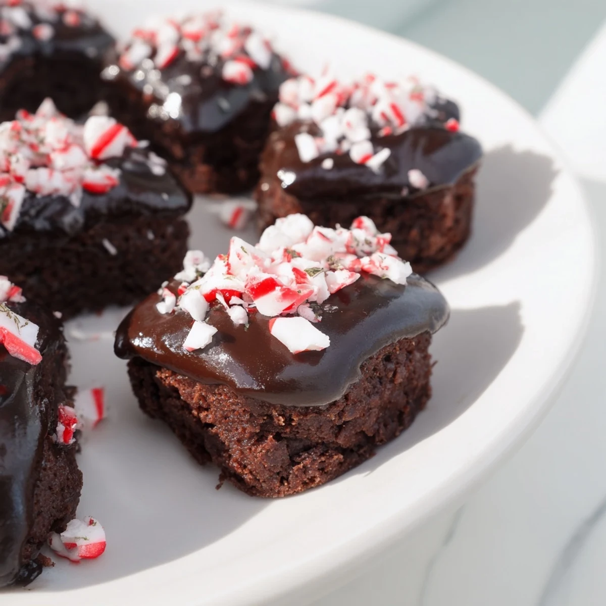 Close-up of freshly baked Peppermint Mocha Brownie Bites: small, chocolatey treats ready to enjoy.