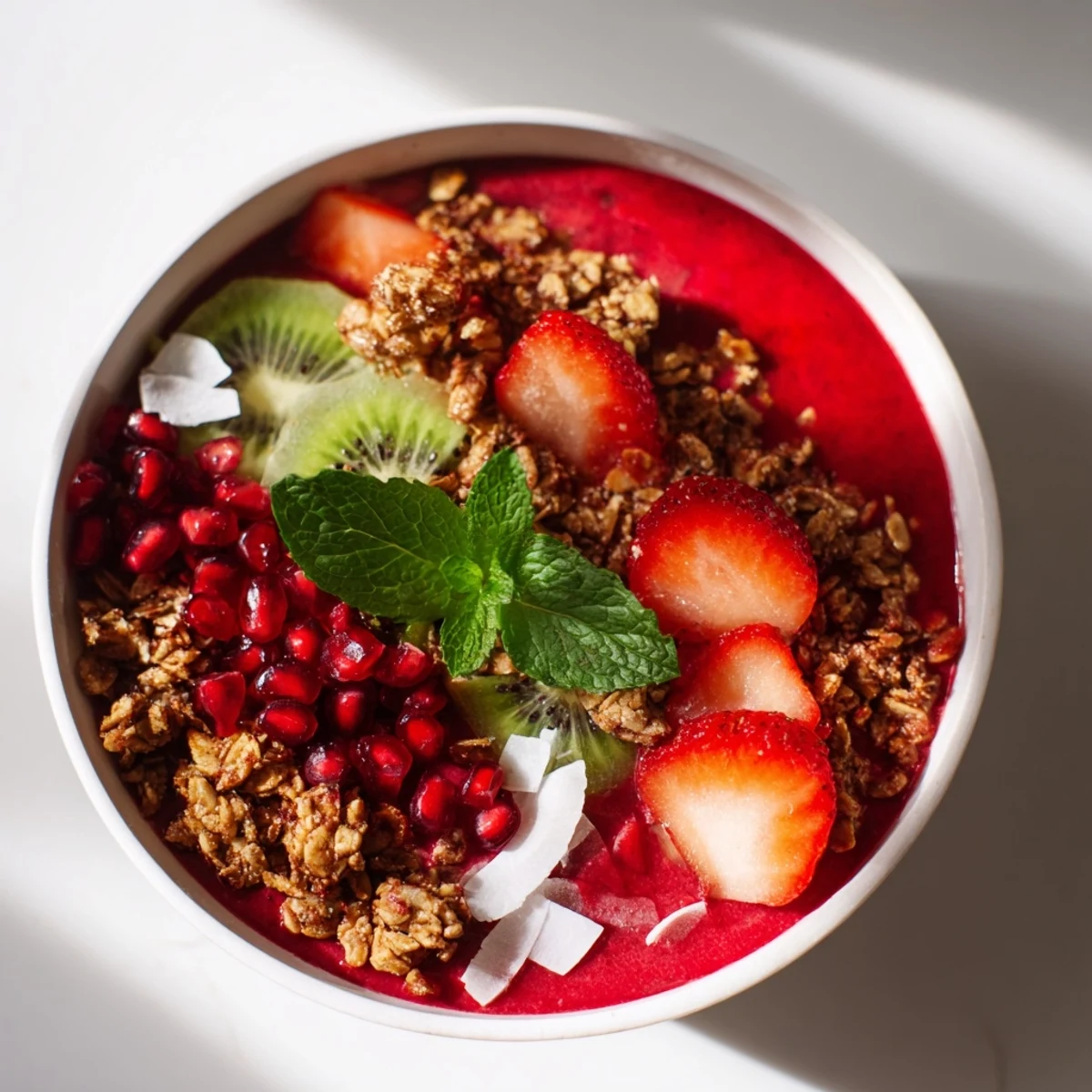 Colorful Festive Red and Green Smoothie Bowls, showing the contrast and textures of layered fruit and granola.