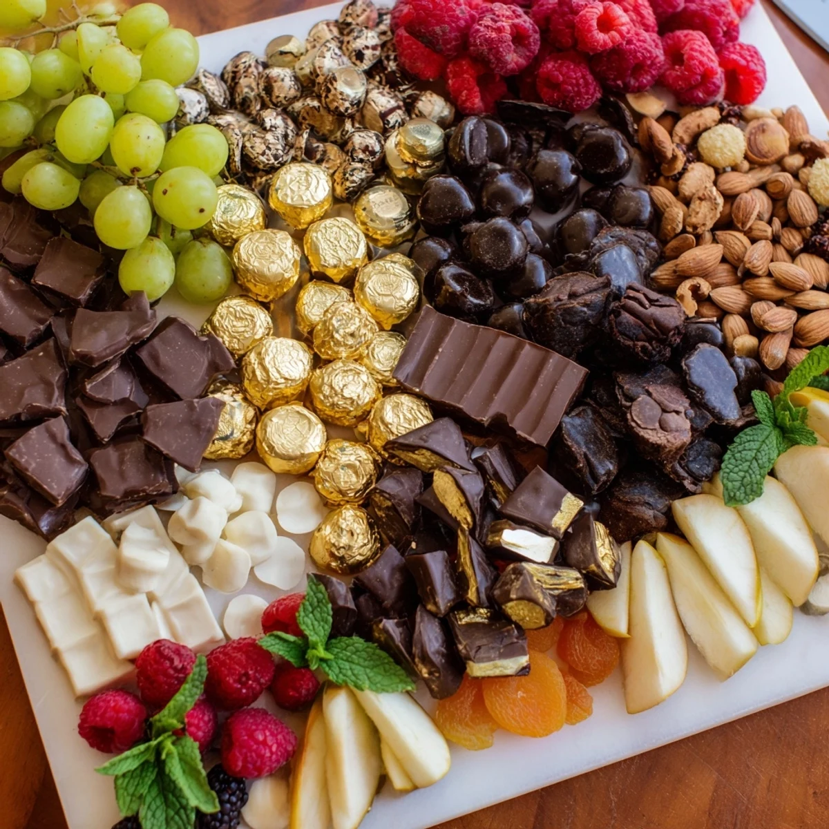 Close-up of a New Years Gold Foil Wrapped Chocolate Board, a stunning dessert presentation, perfect for celebrations.