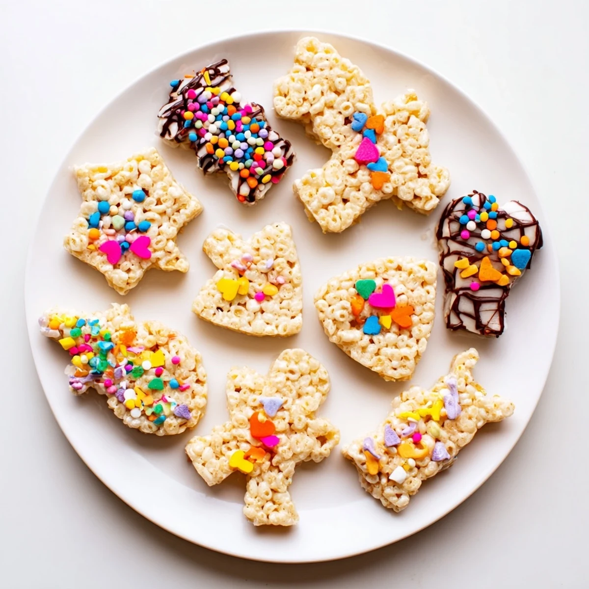 Warm, gooey Cookie Cutter Shaped Rice Krispies Treats, ready for decorating with colorful sprinkles and chocolate.