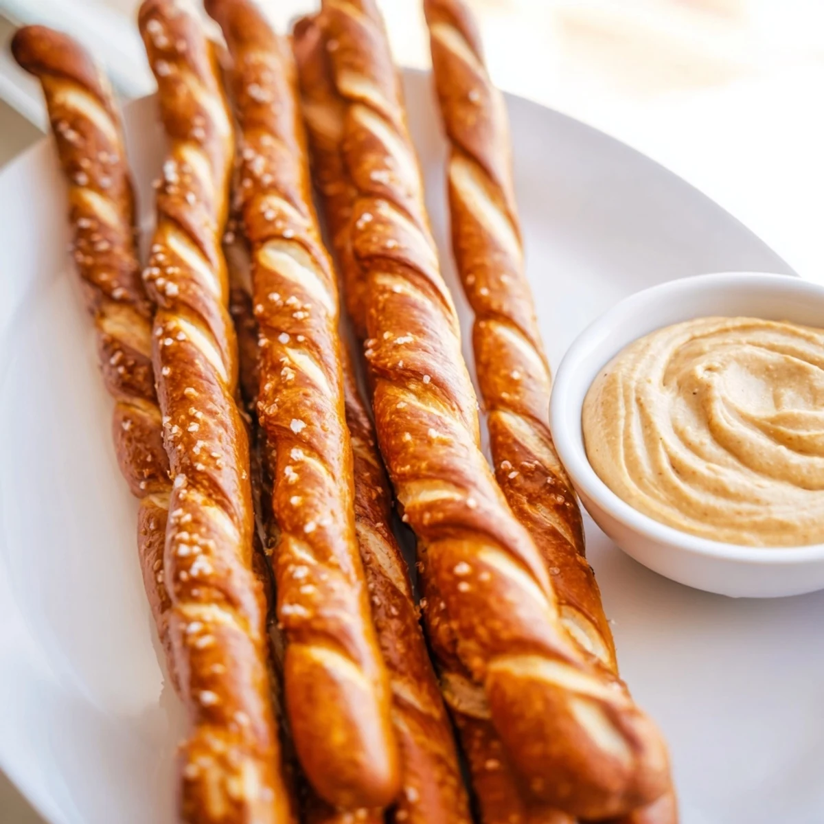 Golden pretzel rods arranged next to a vibrant bowl of hot mustard dip, a perfect snack.