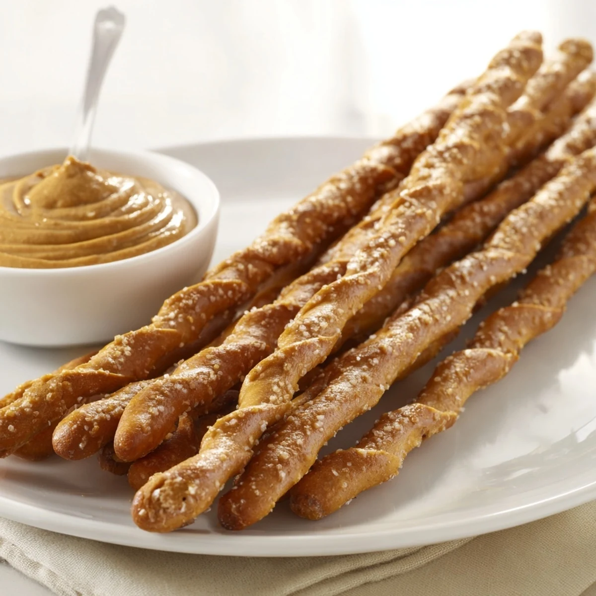 Crispy pretzel rods ready for dipping into a smooth, spicy hot mustard dip for an appetizer.