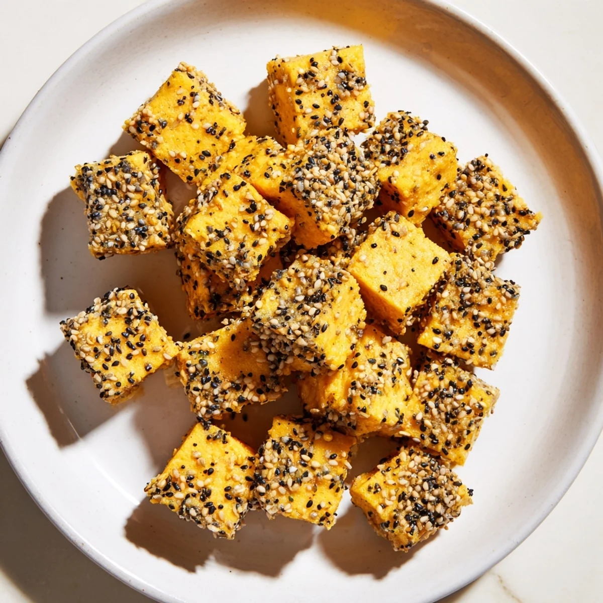 Everything Bagel Cheese Cubes: savory, perfectly crisp cubes with a flavorful everything bagel seasoning crust.
