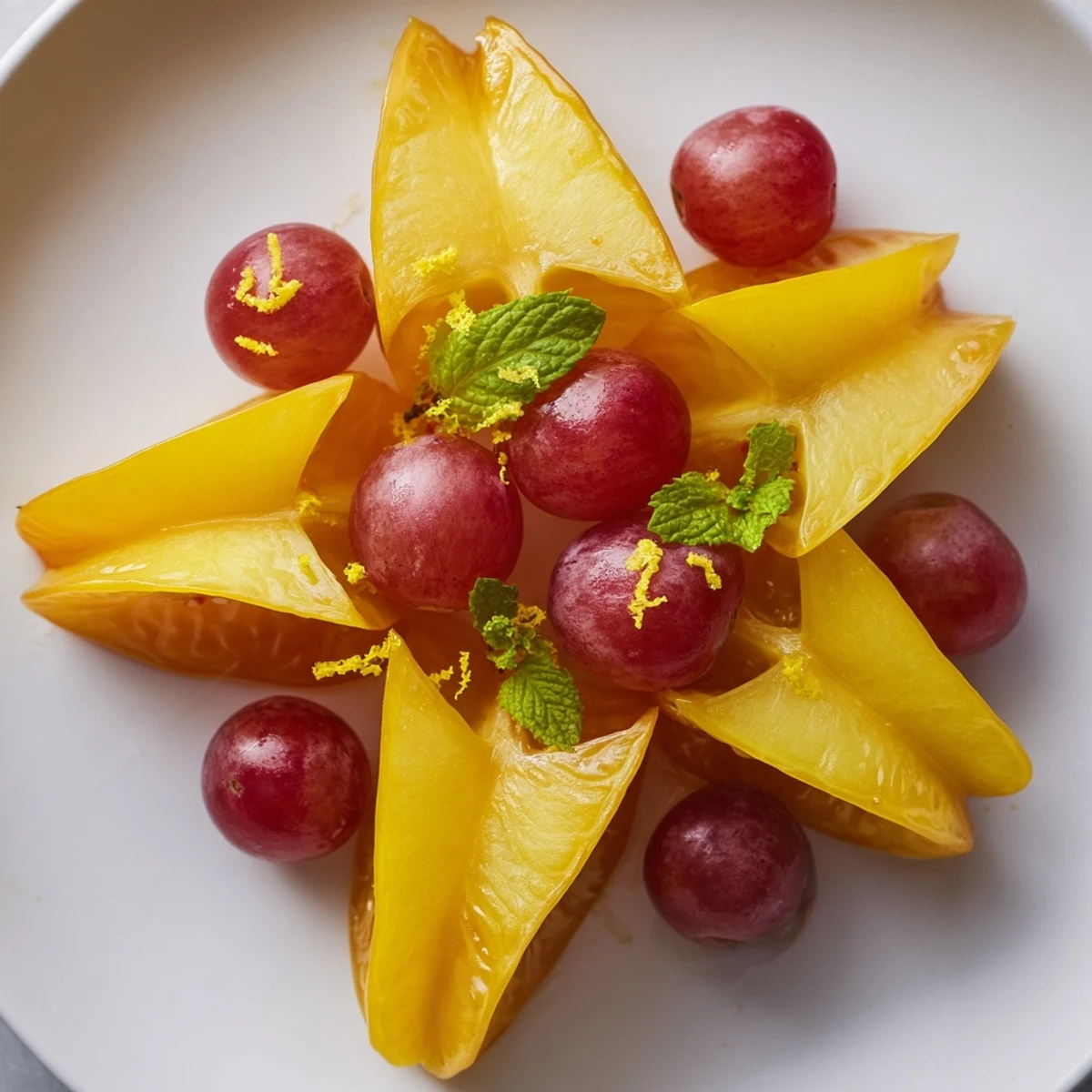 Fresh sliced starfruit and grapes garnish ready to serve for a delightful brunch.