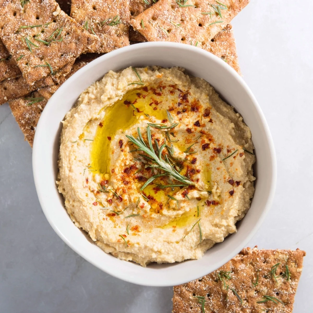 Golden-brown Holiday Crackers, sprinkled with flaky salt, ready to be enjoyed with creamy hummus.