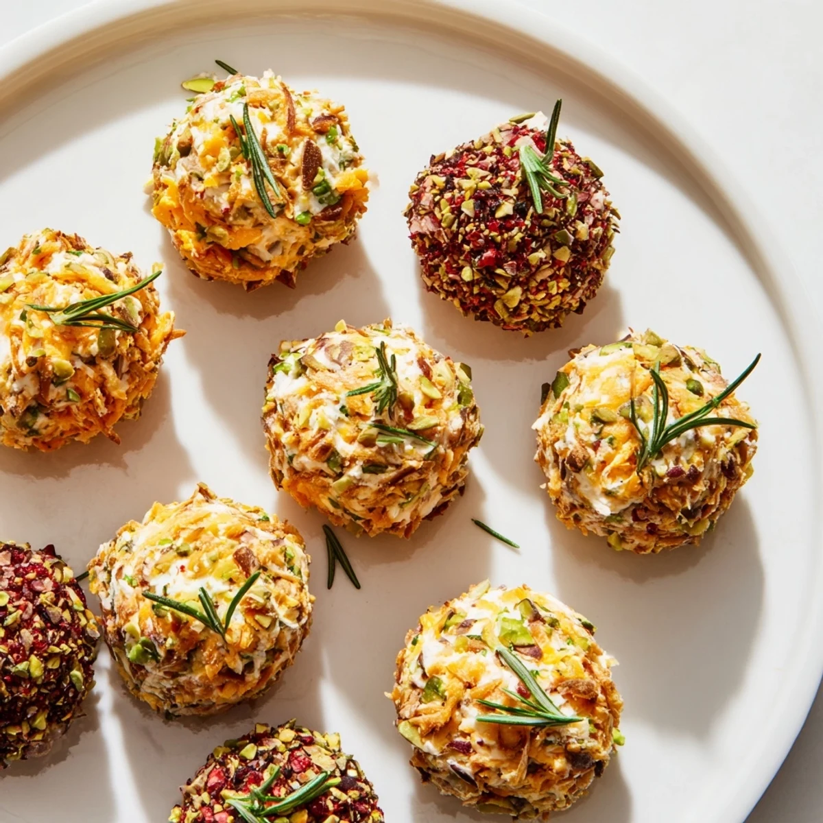 Vibrant Holiday Ornament Clusters made with cheese balls, coated in nuts and herbs, ready to enjoy.